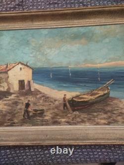 Grand tableau ancien huile sur toile FR LENDAL marine avec personnage