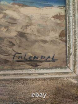 Grand tableau ancien huile sur toile FR LENDAL marine avec personnage