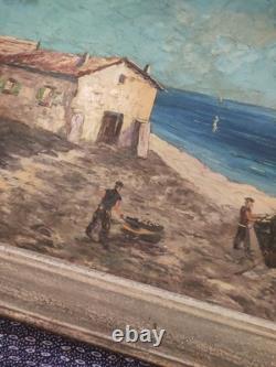 Grand tableau ancien huile sur toile FR LENDAL marine avec personnage