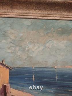 Grand tableau ancien huile sur toile FR LENDAL marine avec personnage