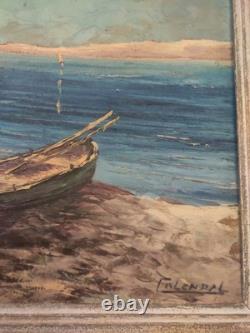 Grand tableau ancien huile sur toile FR LENDAL marine avec personnage