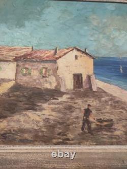 Grand tableau ancien huile sur toile FR LENDAL marine avec personnage