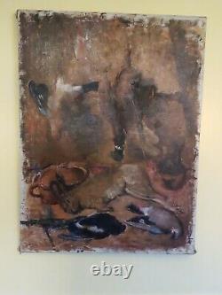 Grand tableau ancien huile sur toile, scène de chasse nature morte, 100 x75 cm