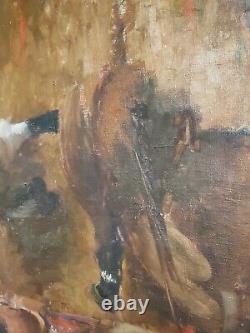 Grand tableau ancien huile sur toile, scène de chasse nature morte, 100 x75 cm