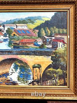 Grand tableau ancien signée Paysage Bord de rivière. Peinture huile sur toile
