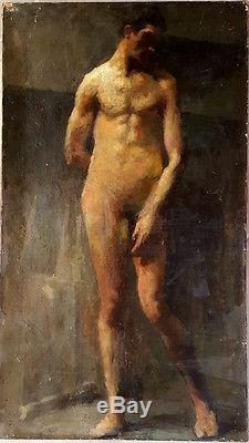 Grand tableau ancien superbe portrait de jeune homme nu
