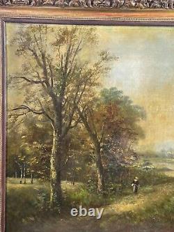 Grand tableau fin XIX début XXe avec cadre ancien Ecole de Barbizon signée Henry