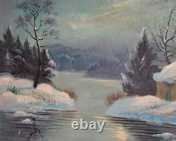 Grande Tableau A L'huile Ancienne Paysage Hivernal Riviere Signee