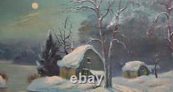 Grande Tableau A L'huile Ancienne Paysage Hivernal Riviere Signee