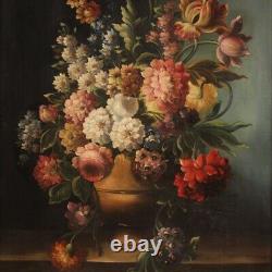 Grande nature morte vase fleurs tableau huile sur toile peinture style ancien