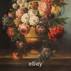 Grande nature morte vase fleurs tableau huile sur toile peinture style ancien