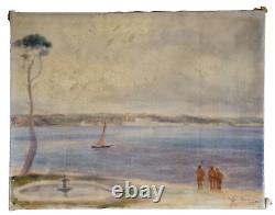 HST 1920 huile sur toile paysage marin bateau tableau ancien signé Marine