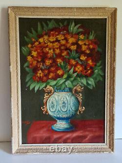 HST Nature morte bouquet fleurs tableau ancien huile sur toile à restaurer signé