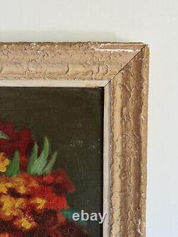 HST Nature morte bouquet fleurs tableau ancien huile sur toile à restaurer signé