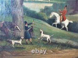 HUILE SUR TOILE GRAND TABLEAU ANCIEN CHASSE A COURRE HUNTING 18eme / 19eme