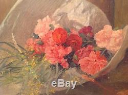Henri Emile ROGEROL (1877-1947) Grand Tableau ancien Huile Bouquet Roses Signé