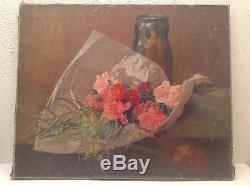 Henri Emile ROGEROL (1877-1947) Grand Tableau ancien Huile Bouquet Roses Signé