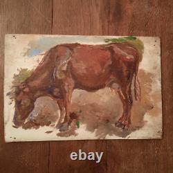 Huile Bois Tableau Ancien Portrait Vache