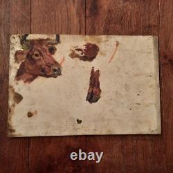 Huile Bois Tableau Ancien Portrait Vache