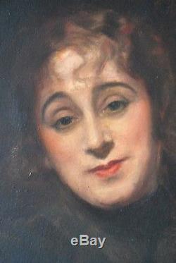 Huile Tableau Ancien Portrait de femme artiste à identifier 65 x 54 cms