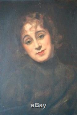 Huile Tableau Ancien Portrait de femme artiste à identifier 65 x 54 cms
