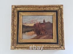 Huile sur carton 2F scène animé de campagne encadré signé tableau ancien