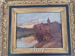 Huile sur carton 2F scène animé de campagne encadré signé tableau ancien