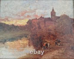 Huile sur carton 2F scène animé de campagne encadré signé tableau ancien