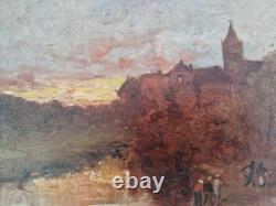 Huile sur carton 2F scène animé de campagne encadré signé tableau ancien