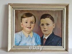 Huile sur carton portrait enfants tableau ancien signé encadré tableau ancien