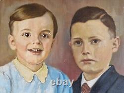 Huile sur carton portrait enfants tableau ancien signé encadré tableau ancien