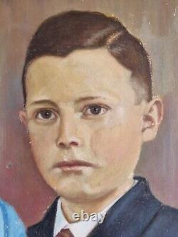 Huile sur carton portrait enfants tableau ancien signé encadré tableau ancien