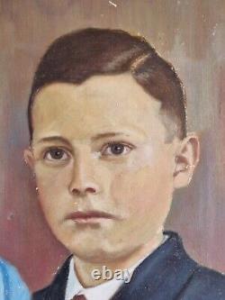 Huile sur carton portrait enfants tableau ancien signé encadré tableau ancien