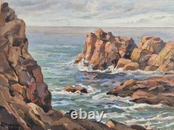 Huile sur panneau 1930 paysage marin île de Bréhat signé encadré tableau ancien