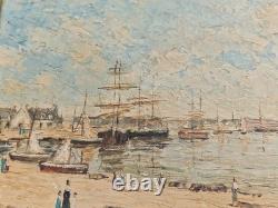 Huile sur panneau 3F paysage marin voiliers au mouillage tableau ancien marine