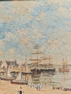Huile sur panneau 3F paysage marin voiliers au mouillage tableau ancien marine