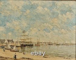 Huile sur panneau 3F paysage marin voiliers au mouillage tableau ancien marine