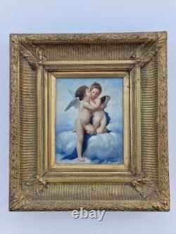 Huile sur panneau L'Amour et Psyché enfants signé tableau ancien peinture cadre