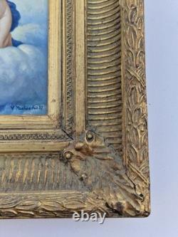 Huile sur panneau L'Amour et Psyché enfants signé tableau ancien peinture cadre