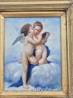 Huile sur panneau L'Amour et Psyché enfants signé tableau ancien peinture cadre