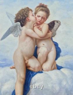 Huile sur panneau L'Amour et Psyché enfants signé tableau ancien peinture cadre