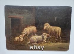 Huile sur panneau bois XIX scène animé moutons animaux Signé tableau ancien