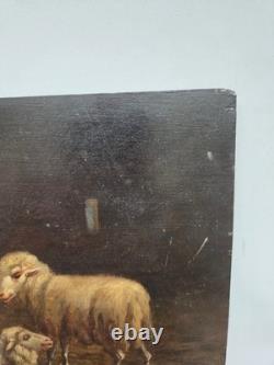 Huile sur panneau bois XIX scène animé moutons animaux Signé tableau ancien