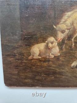 Huile sur panneau bois XIX scène animé moutons animaux Signé tableau ancien