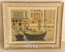 Huile sur panneau paysage marin Venise Bateaux de pastèque tableau ancien signé
