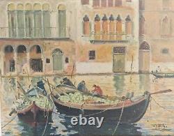 Huile sur panneau paysage marin Venise Bateaux de pastèque tableau ancien signé