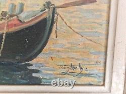 Huile sur panneau paysage marin Venise Bateaux de pastèque tableau ancien signé