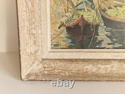 Huile sur panneau paysage marin Venise Bateaux de pastèque tableau ancien signé