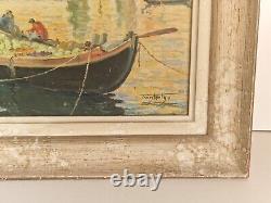 Huile sur panneau paysage marin Venise Bateaux de pastèque tableau ancien signé