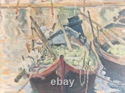 Huile sur panneau paysage marin Venise Bateaux de pastèque tableau ancien signé